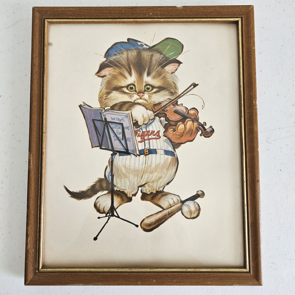 Vtg Framed Cat Picture Cute Retro 60s Baseball Cat Playing Violin Eccentric